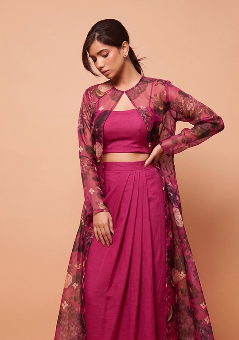 Rani Pink Printed Silk Fusion Set - Indya