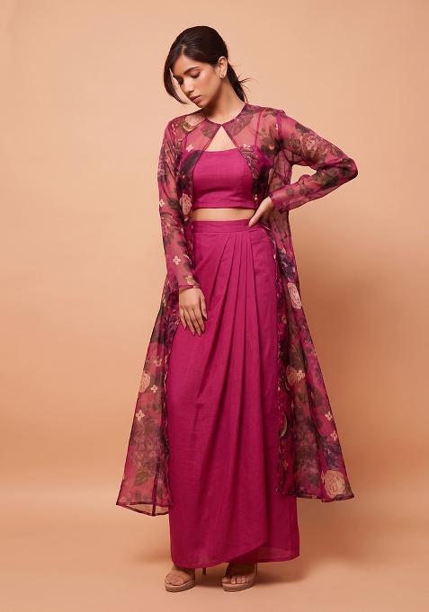 Rani Pink Printed Silk Fusion Set