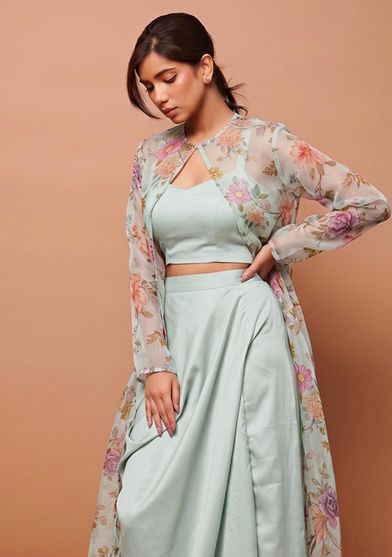 Frosty Mint Organza Floral Print Fusion Set - Indya