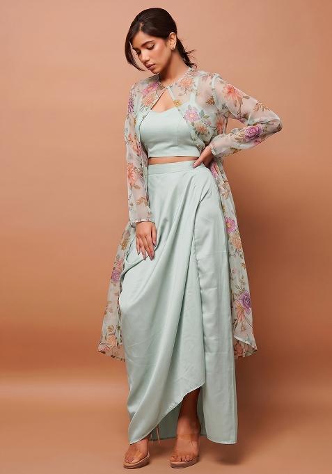 Frosty Mint Organza Floral Print Fusion Set