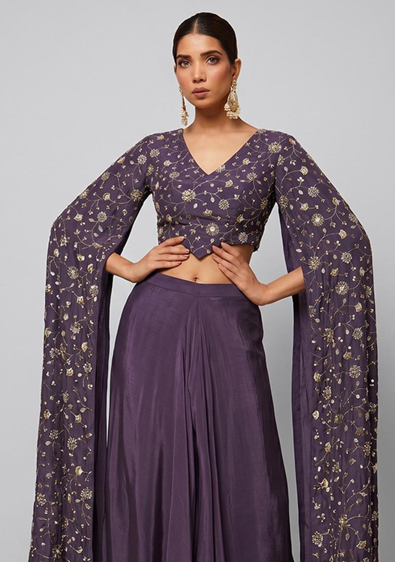 Grape Purple Embroidered Tissue Fusion Set - Indya