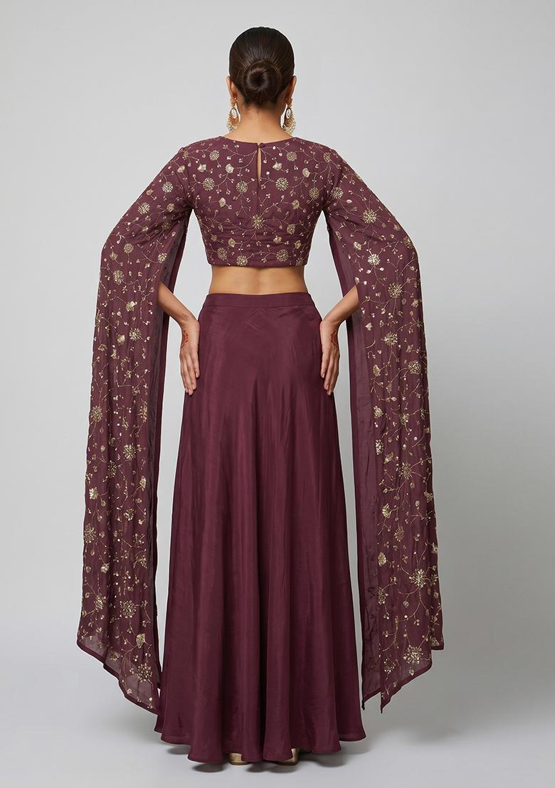 Wine Embroidered Tissue Fusion Set - Indya