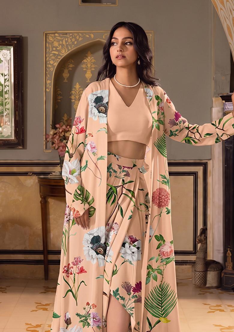 Soft-Peach Printed Poly Blend Fusion Set - Indya