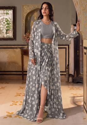Charcoal Grey Printed Georgette Fusion Set
