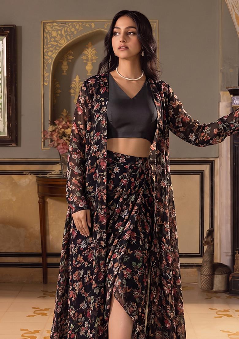 Ink Black Printed Poly Blend Fusion Set - Indya