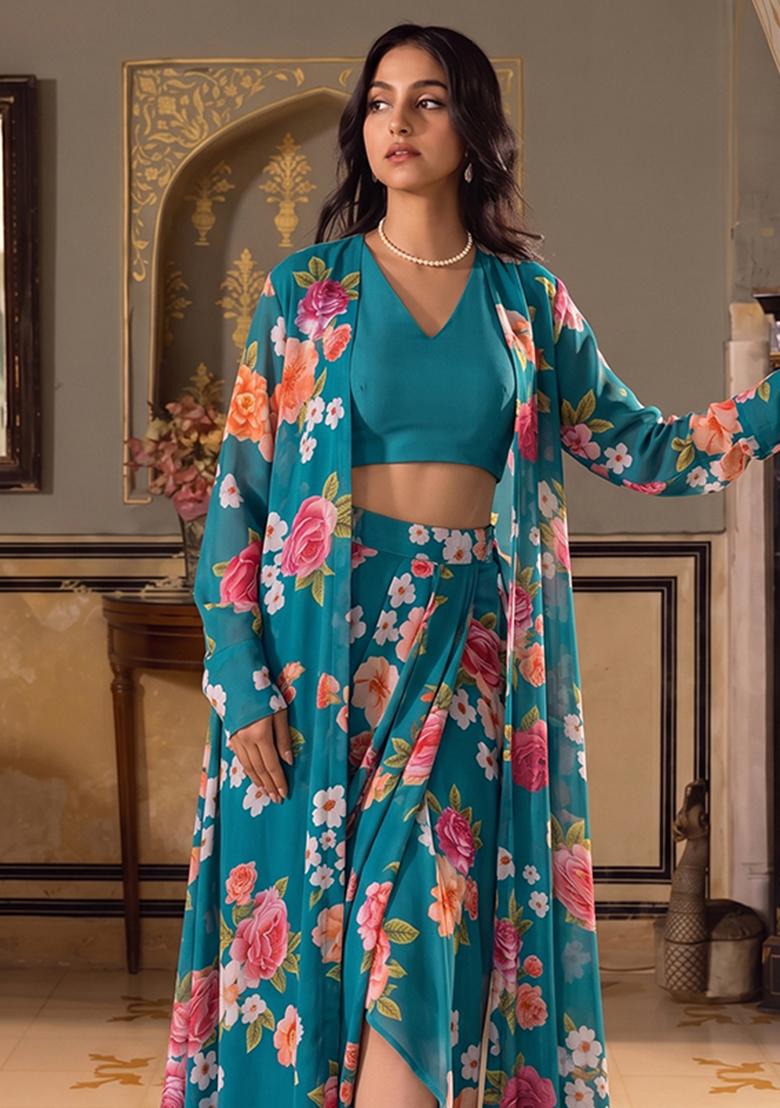 Teal Printed Georgette Fusion Set - Indya