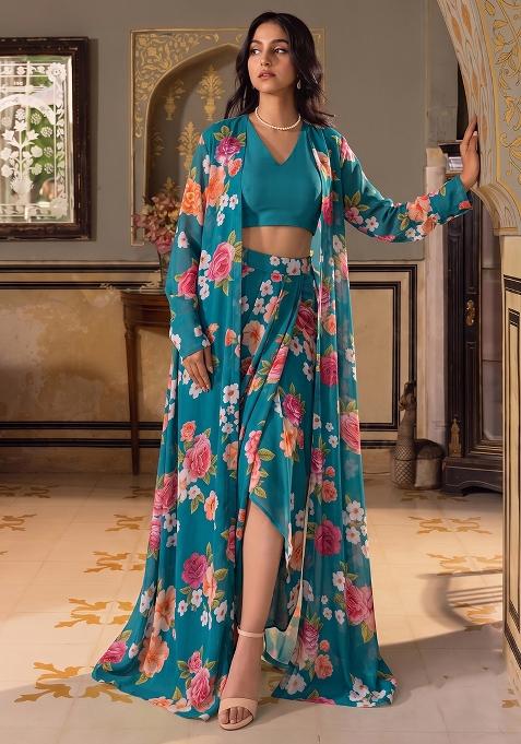 Teal Printed Georgette Fusion Set