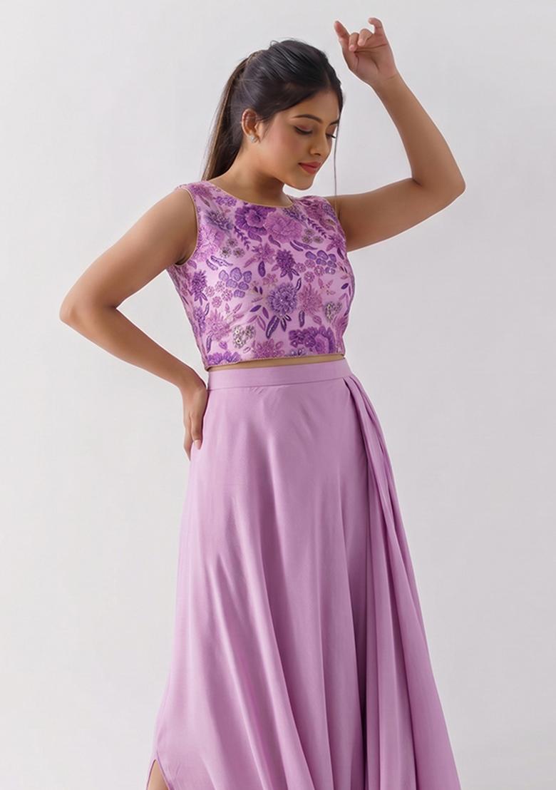 Lilac Printed Silk Fusion Set - Indya