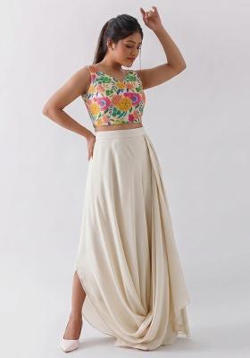 Cream Printed Silk Fusion Set