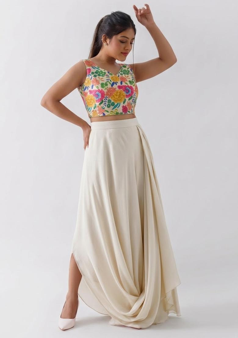 Cream Printed Silk Fusion Set - Indya