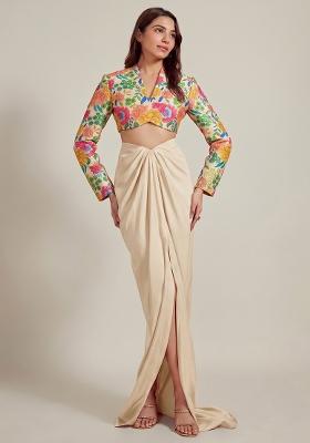 Cream Printed Silk Fusion Set