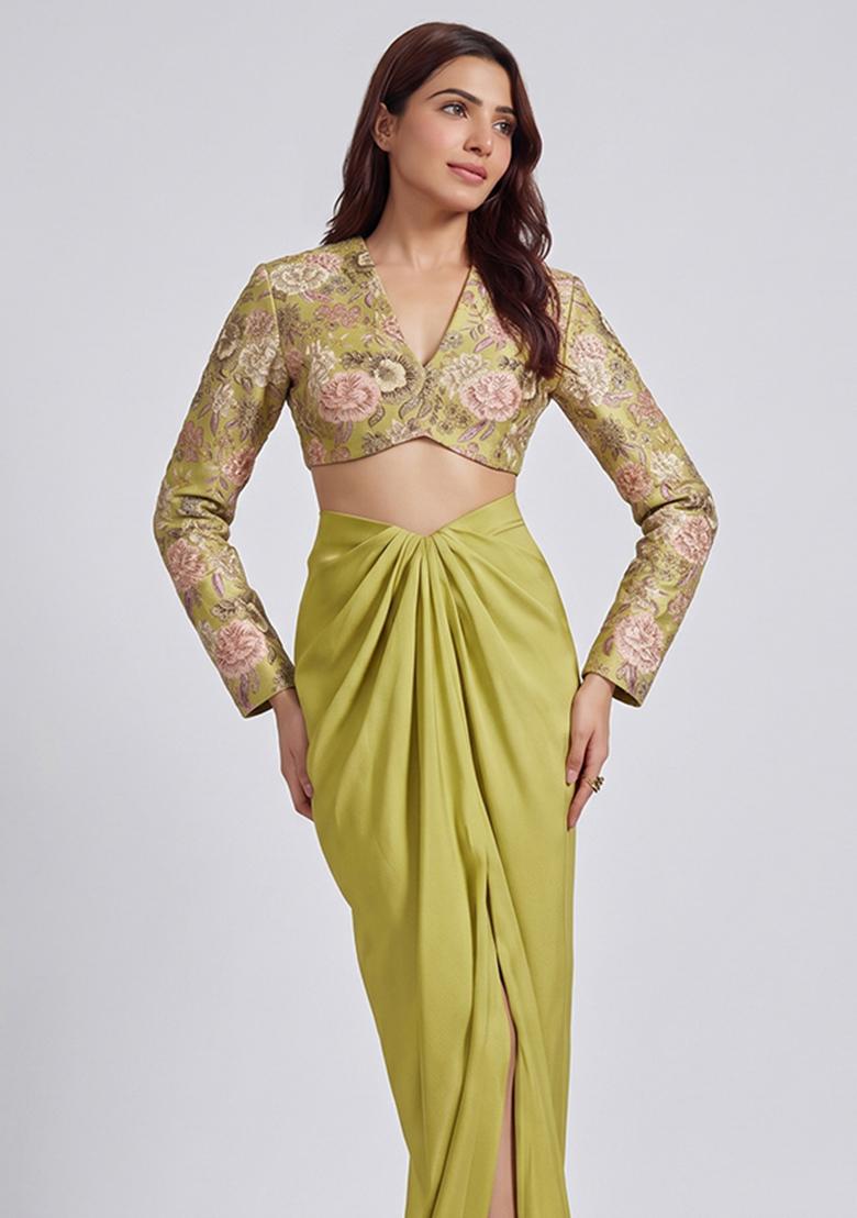 Yellow Green Printed Silk Fusion Set - Indya