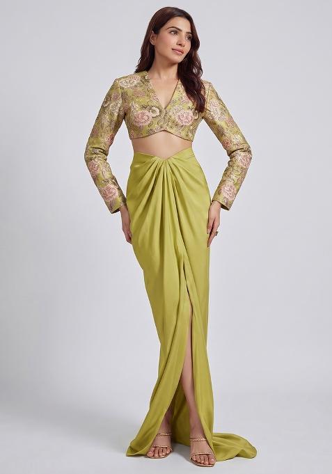 Yellow Green Printed Silk Fusion Set