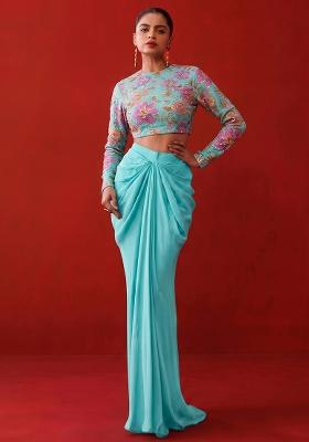 Teal Blue Printed Organza Fusion Set
