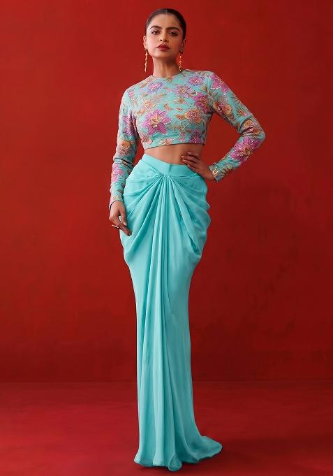 Teal Blue Silk Blend Embroidered Fusion Set