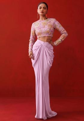 Lilac Pink Printed Organza Fusion Set