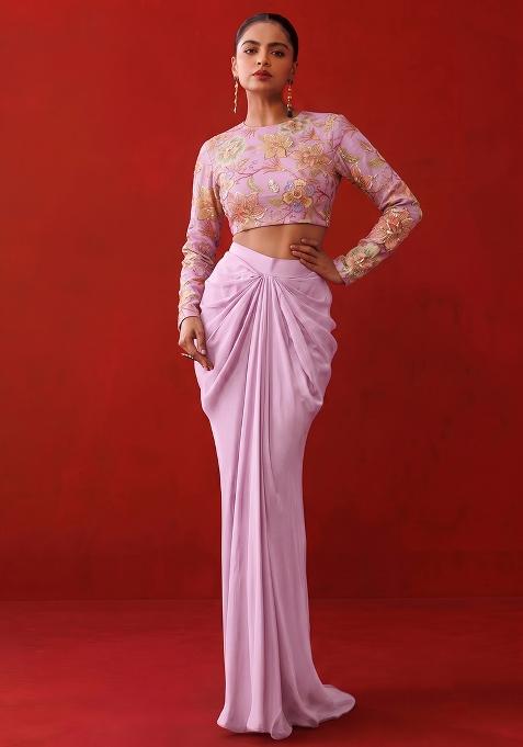 Lilac Pink Printed Organza Fusion Set