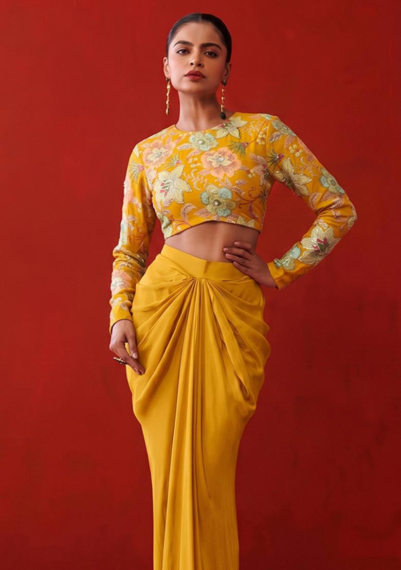 Mustard Printed Organza Fusion Set - Indya