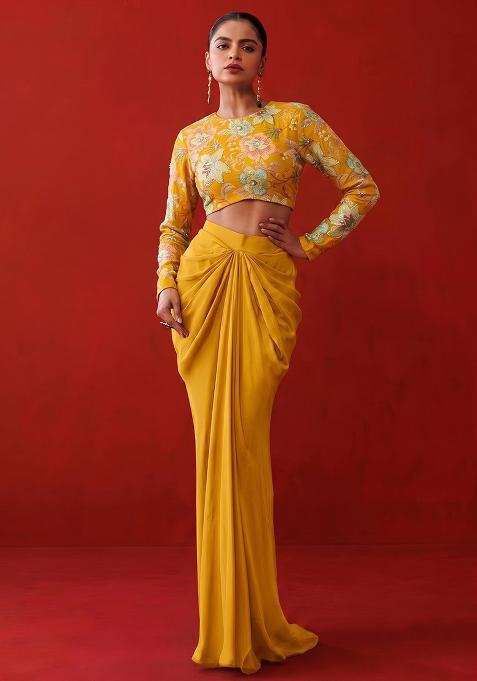 Mustard Printed Organza Fusion Set