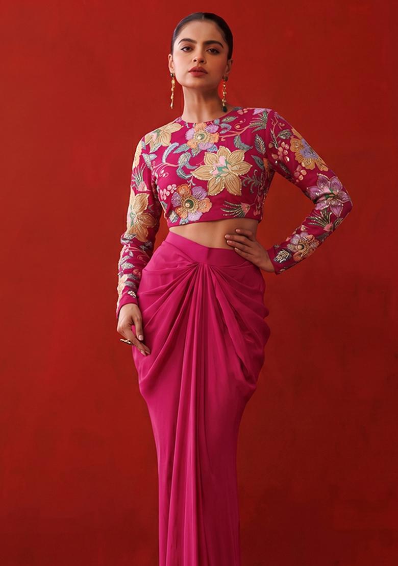 Rani Pink Printed Organza Fusion Set - Indya