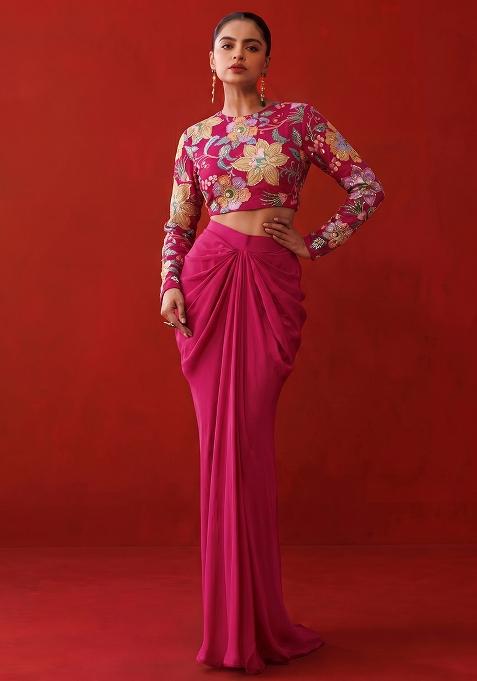 Rani Pink Silk Blend Embroidered Handwork Fusion Set