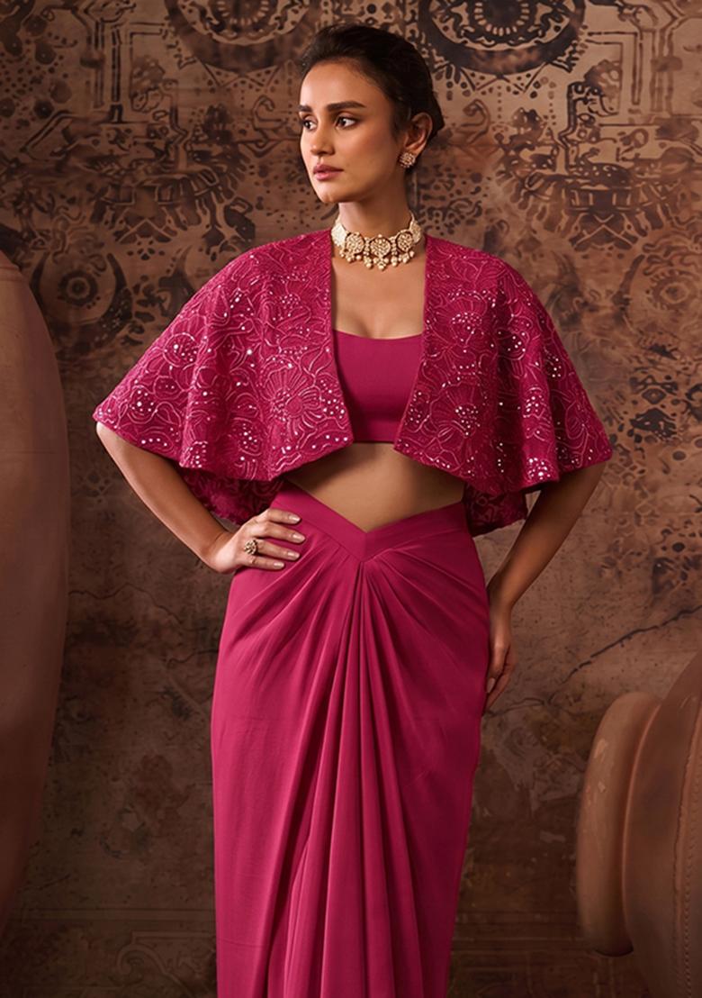 Ruby Pink Embroidered Viscose Fusion Set - Indya