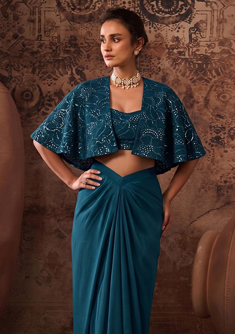 Teal Mirror Work Viscose Fusion Set - Indya