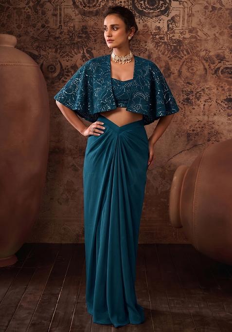 Teal Mirror Work Viscose Fusion Set