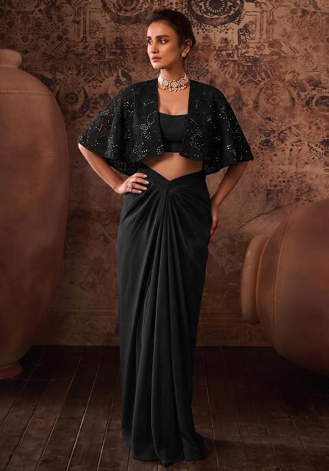 Deep Black Embroidered Viscose Fusion Set