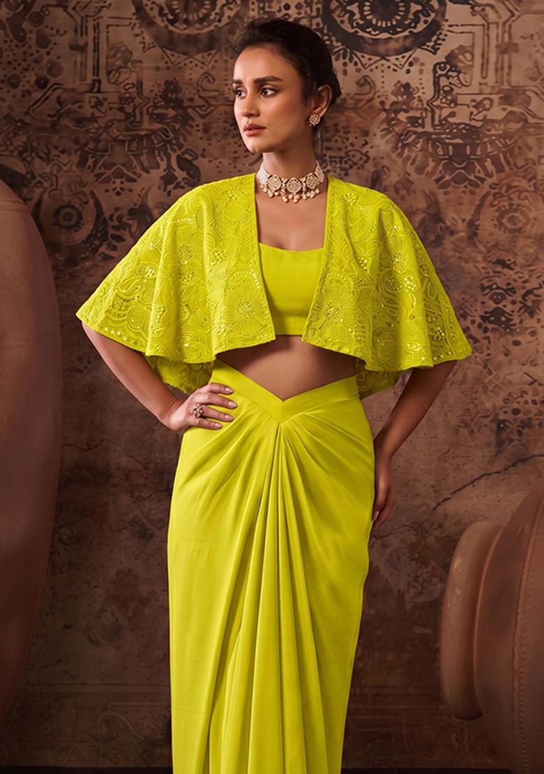 Lime Yellow Embroidered Viscose Fusion Set - Indya