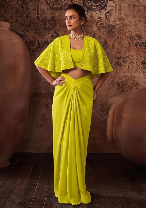 Lime Yellow Embroidered Viscose Fusion Set