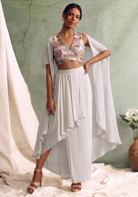 Cloud White Silk Blend Floral Print Fusion Set