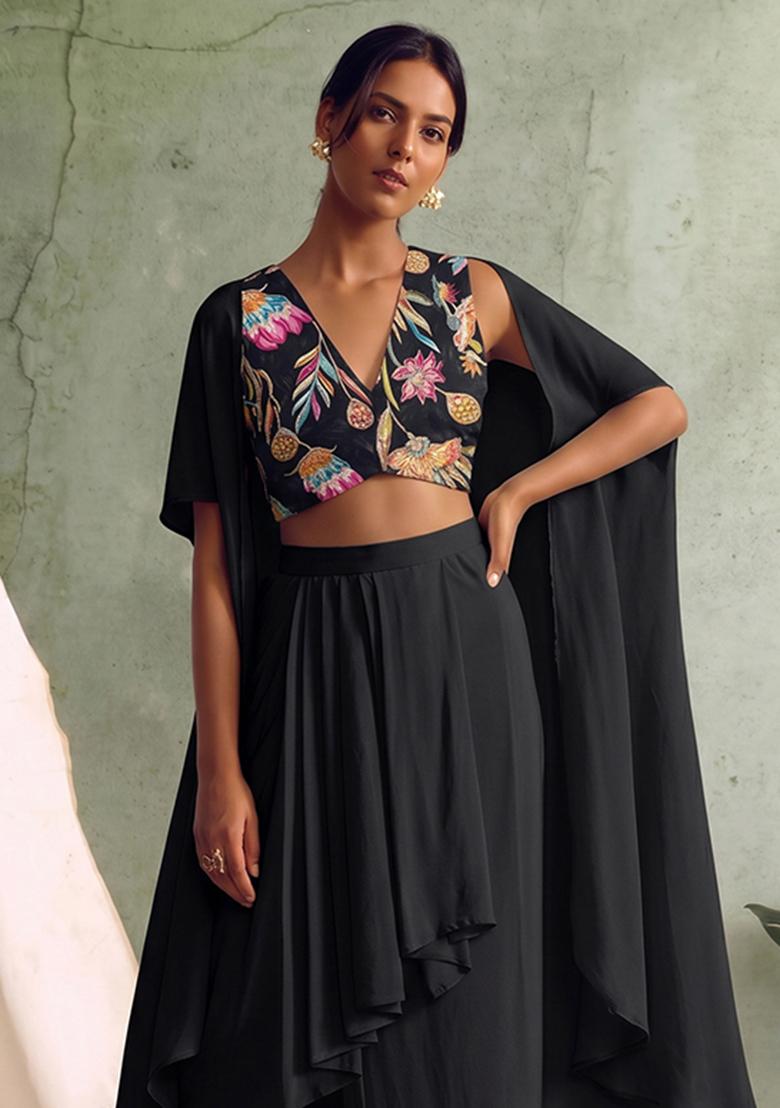 Black Printed Crepe Fusion Set - Indya