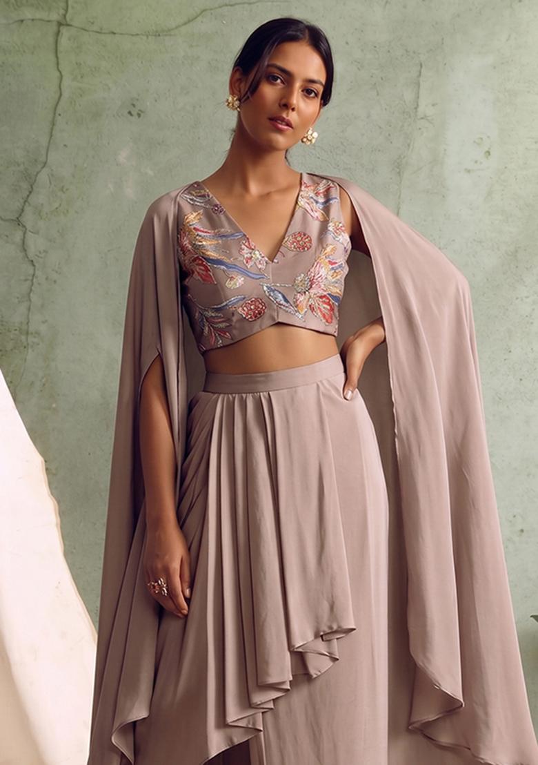 Taupe Printed Crepe Fusion Set - Indya