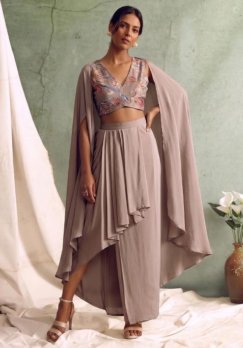 Taupe Crepe Embroidered Fusion Set