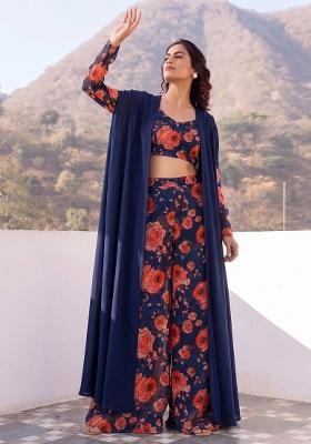Navy Blue Printed Chiffon Fusion Set