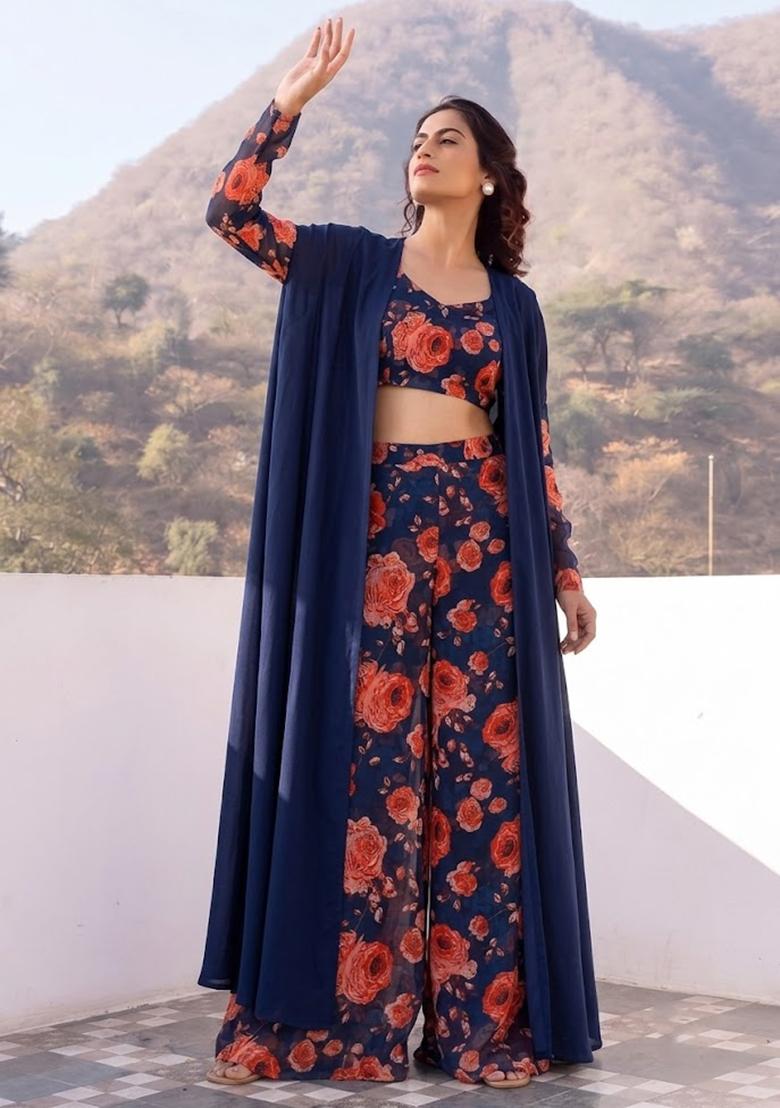 Navy Blue Printed Chiffon Fusion Set - Indya