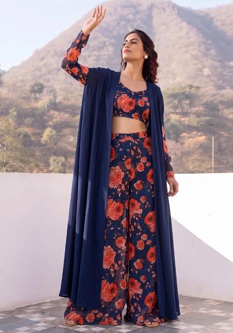 Navy Blue Printed Chiffon Fusion Set