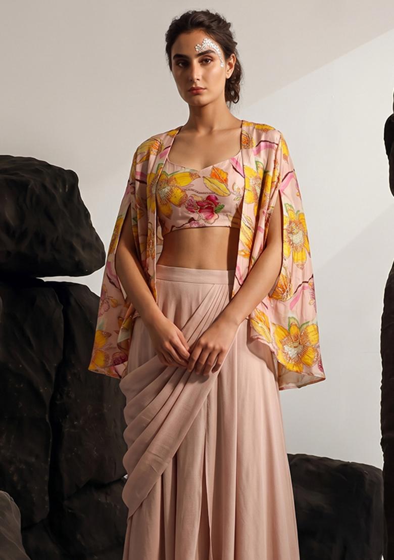 Dusty Pink Silk Blend Floral Print Fusion Set - Indya