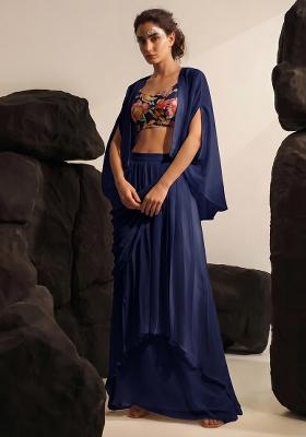 Navy Blue Printed Chinon Fusion Set