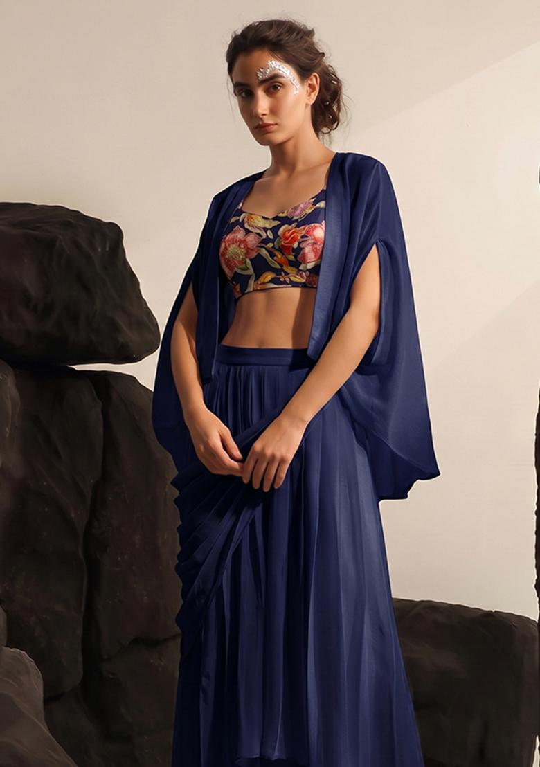Navy Blue Printed Chinon Fusion Set - Indya