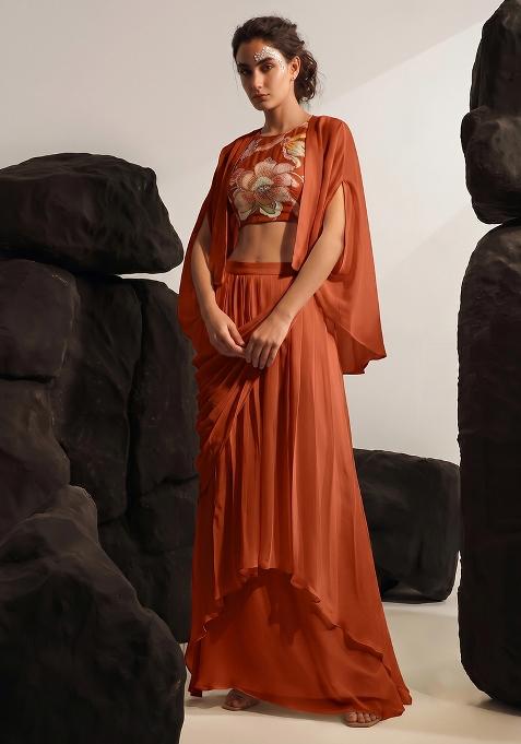 Rust Silk Blend Floral Print Fusion Set