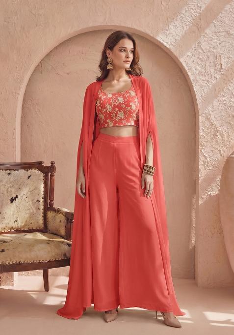 Coral Silk Blend Floral Print Fusion Set