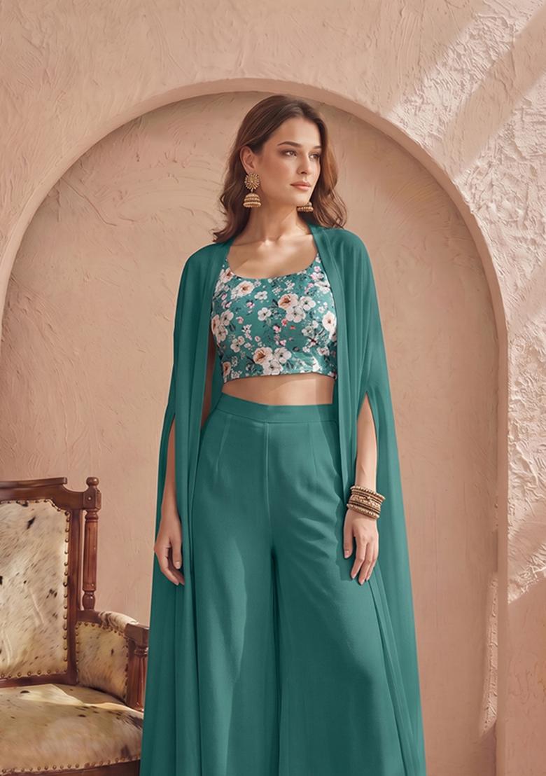 Teal Printed Silk Fusion Set - Indya