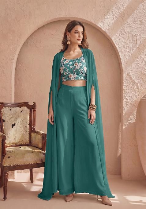 Teal Crepe Floral Print Fusion Set