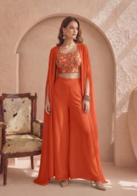 Rust Orange Printed Silk Fusion Set