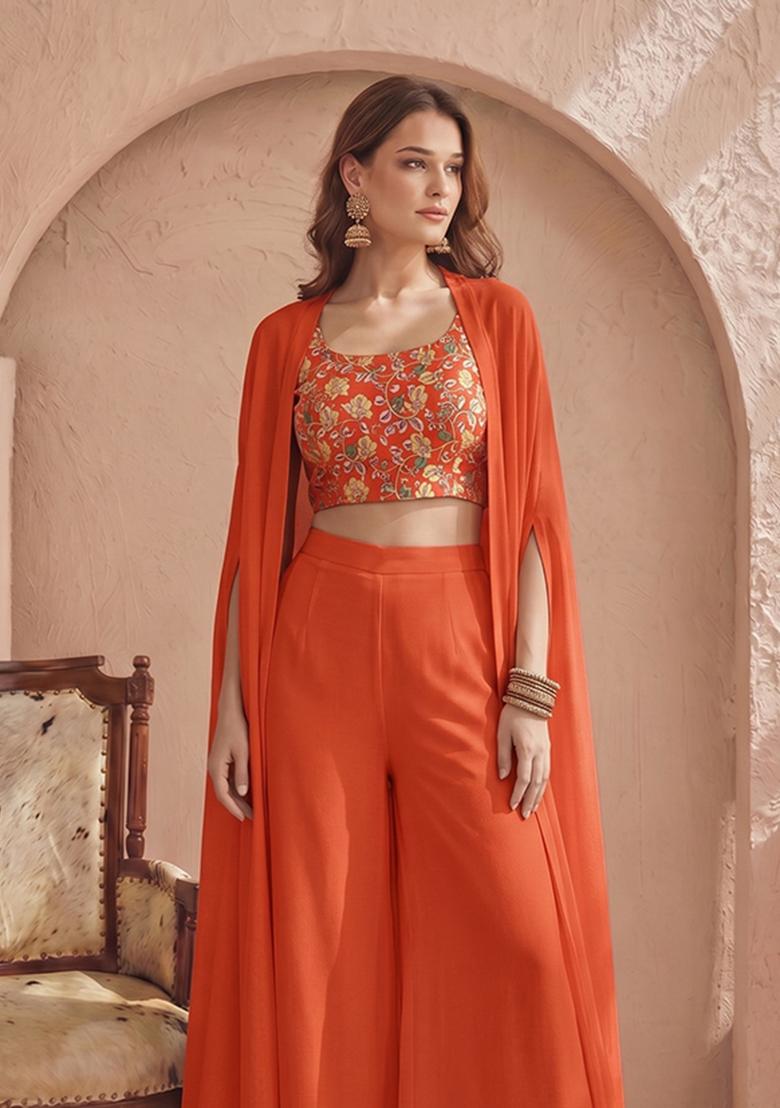 Rust Orange Printed Silk Fusion Set - Indya