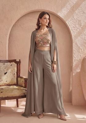 Taupe Grey Printed Silk Fusion Set