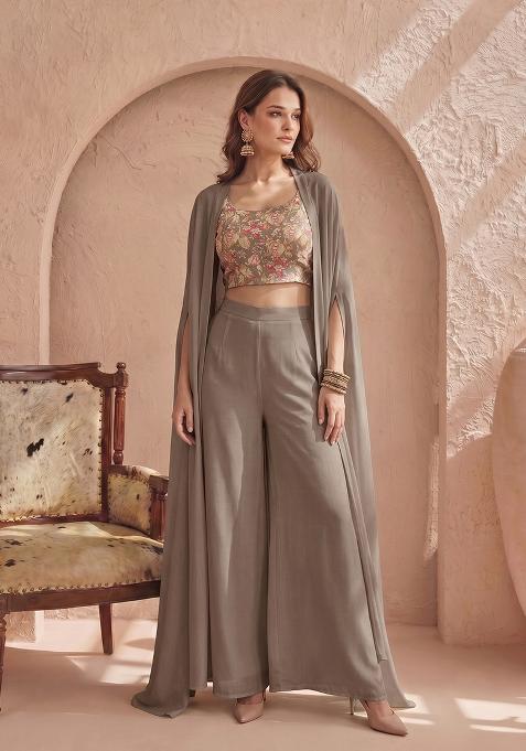 Taupe Grey Crepe Floral Print Fusion Set
