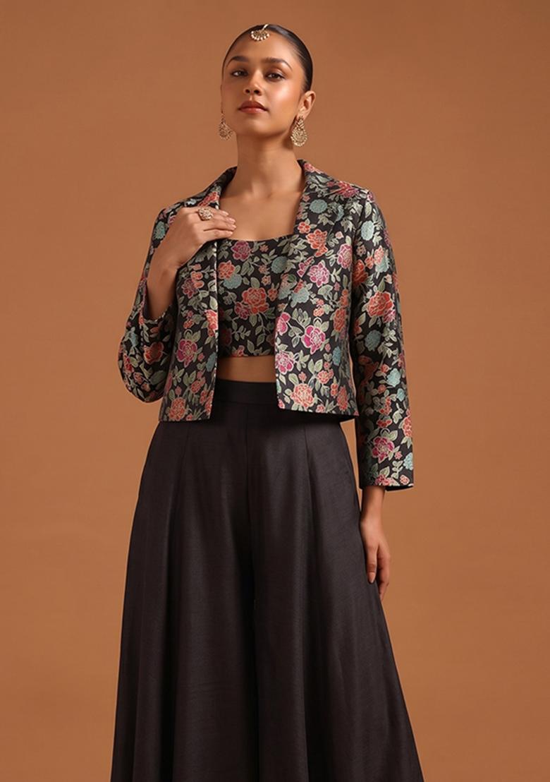 Black Printed Silk Fusion Set - Indya